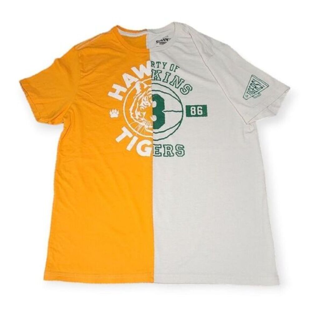 Stranger Things Hawkins Tigers T-Shirt Mens Split Panel Graphic Yellow White XL - Picture 6 of 9